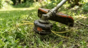 Examining the thick nylon line on a cordless strimmer for long grass in an allotment plot.