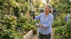 A senior citizen easily adjusting the height of a cordless strimmer for pensioners for comfortable lawn maintenance.
