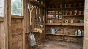 Storing a compact cordless strimmer for pensioners neatly in a small backyard tool rack.
