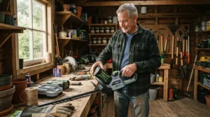 Inserting a rechargeable battery into a cordless strimmer for pensioners inside a traditional wooden garden shed.