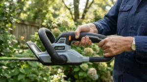 Highlighting the comfortable ergonomic grip of a cordless strimmer for pensioners during garden upkeep.