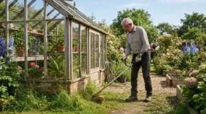 A pensioner tidying the grass edges around a glass greenhouse with a cordless strimmer for pensioners.