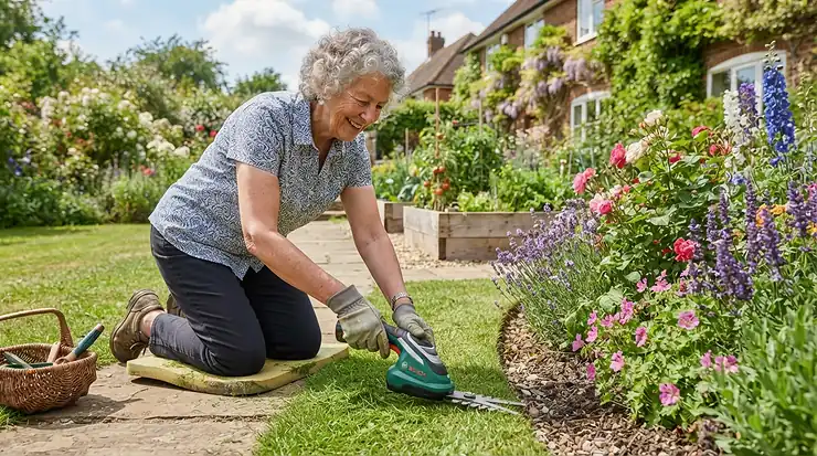 An elderly gardener using a lightweight cordless strimmer for pensioners to tidy garden edges in a suburban British garden.