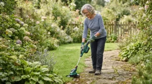 Demonstrating one-handed operation of a cordless strimmer for pensioners clearing weeds along a paved patio.