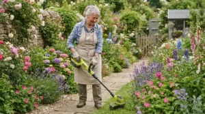 Cordless lightweight strimmer in use by an elderly gardener tidying overgrown grass near flower beds.