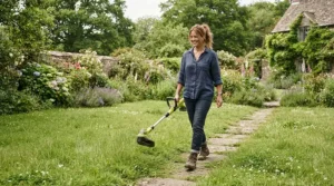 Reaching the far end of the garden in this cordless strimmer vs corded strimmer comparison illustration