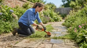 Tidying patio paving slabs shown in the cordless strimmer vs corded strimmer buyers guide