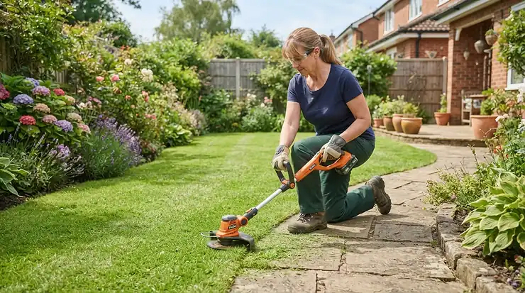A homeowner using a battery-powered grass trimmer on a tidy British lawn, representing cordless strimmers under £200.