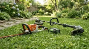 A cordless battery strimmer and a petrol strimmer placed side by side on grass for a comparison.
