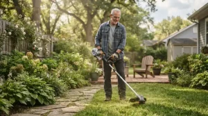 Senior gardener demonstrating an easy-start strimmer with a simple push-button mechanism.