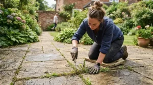 Using an electric strimmer to clear weeds growing between paving slabs on a small patio