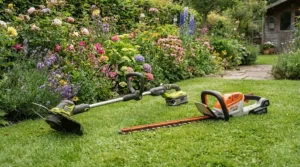 An electric strimmer vs cordless strimmer comparison showing two tools ready for tidying a typical British back garden lawn.