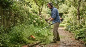 Tackling tough perimeter weeds with an electric strimmer vs cordless strimmer setup along a brick pathway.