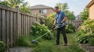 Comparing electric strimmer vs cordless strimmer noise output levels during a quiet morning garden maintenance session.