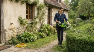 Evaluating electric strimmer vs cordless strimmer options for restricted cable reach near a suburban patio area.