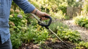 Ergonomic loop handle on a lightweight strimmer being held comfortably by a gardener
