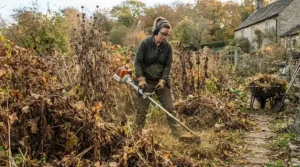 Four-stroke strimmer clearing dead summer growth during an autumn garden cleanup