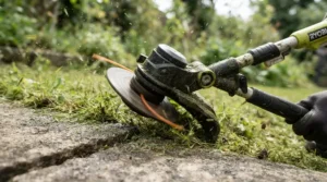 Close-up of a lightweight rechargeable garden strimmer cutting overgrown grass near a patio border.