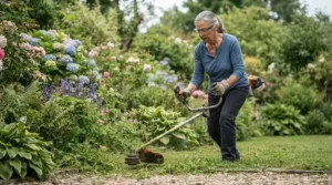 Low-vibration strimmer minimizing hand strain for an elderly gardener clearing grass.