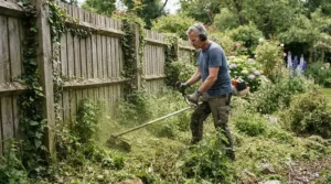 Clearing thick weeds and perimeter grass using a powerful mains strimmer for large lawn upkeep.
