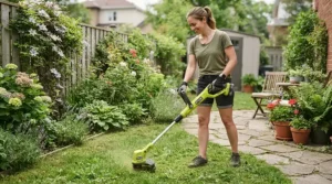 A compact corded mains strimmer for large lawn edges and tidy borders in a suburban garden.
