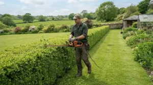Demonstrating continuous run time benefits of a mains strimmer for large lawn clearance work.