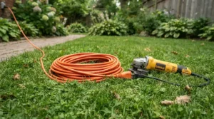 Connecting a bright outdoor extension cable to a mains strimmer for large lawn grass cutting sessions.