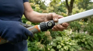 Ergonomic two-handed grip on a mains strimmer for large lawn trimming without arm fatigue.