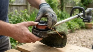 Replacing the nylon cutting line spool on a garden strimmer during routine maintenance.