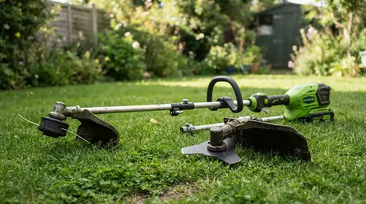 Multi-tool garden strimmer attachment system laid out on grass next to a large lawn, strimmer for large gardens