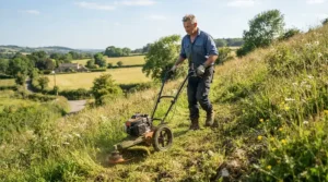 Clearing a steep sloping embankment using a lightweight petrol strimmer for large gardens.