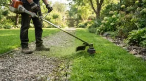 Precision edge cutting with a petrol strimmer for large gardens along a gravel pathway border.