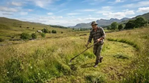 An endurance run showing a petrol strimmer for large gardens cutting through a massive wild paddock.
