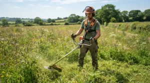 Using a shoulder harness with a petrol strimmer for large gardens during an extended weekend lawn maintenance session.