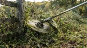 Heavy-duty petrol strimmer for large gardens cutting back tough weeds along a paddock fence line.