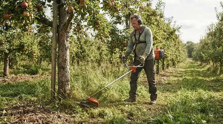 A powerful petrol strimmer for large gardens tidying around fruit trees in a spacious country orchard.