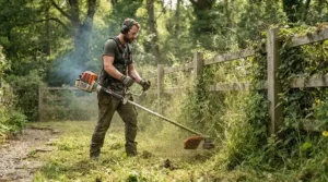 Commercial-style petrol strimmer maintaining the boundaries of a large paddock or orchard