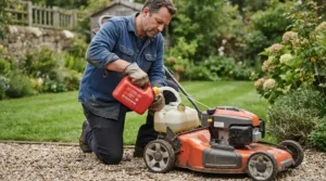 Checking the fuel tank capacity of a petrol strimmer for large gardens before starting a major paddock cleanup.