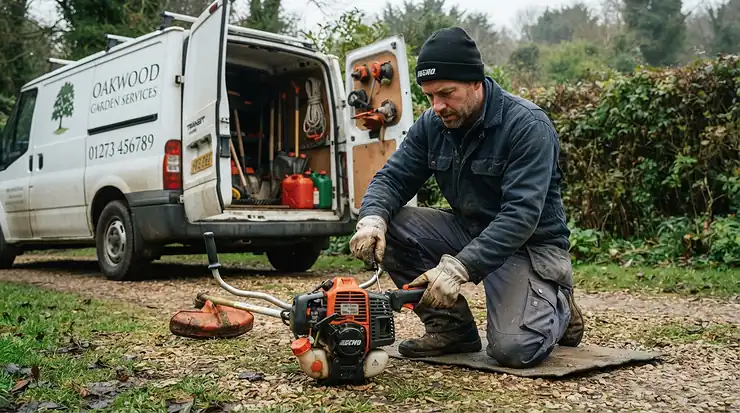 Landscape gardener inspecting a cost-effective petrol strimmer for professional use before a morning shift