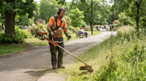 Grounds maintenance operative operating a petrol strimmer for professional use along a municipal park path