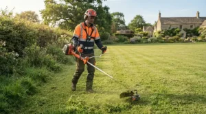 Landscape contractor using a petrol strimmer for professional use during a long day of estate maintenance