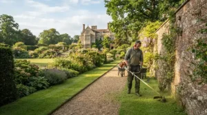 Estate worker using a powerful petrol strimmer for professional use around historic walled gardens