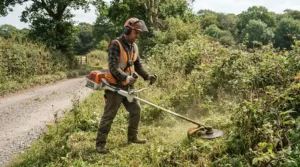 Durable commercial chassis of a petrol strimmer for professional use tackling thick roadside brush