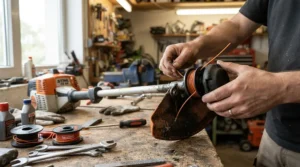 Workshop technician replacing the cutting head on a petrol strimmer for professional use to reduce wear