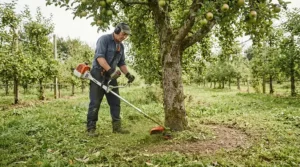 Fruit farmer using a petrol strimmer for professional use to clear weeds around orchard tree bases
