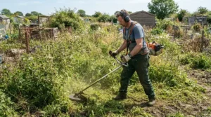 Clearing an allotment plot using a reliable petrol strimmer for thick grass in springtime