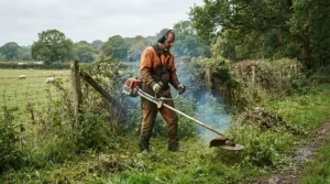 Testing engine power on a petrol strimmer for thick grass near a country boundary hedge