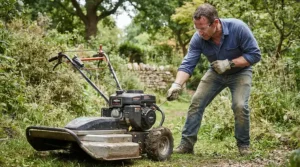 Starting the high-torque engine of a petrol strimmer for thick grass before tackling an overgrown paddock