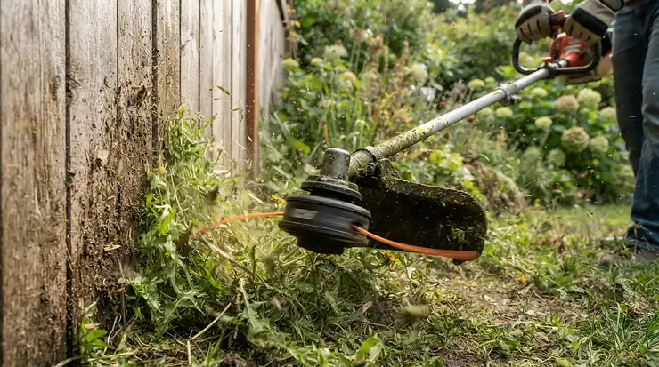 Evaluating cutting line durability while using a petrol strimmer for thick grass along a garden fence