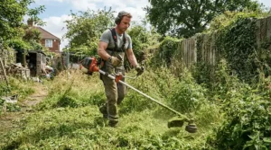 A powerful petrol strimmer for thick grass clearing a heavily overgrown garden lawn in a British back garden